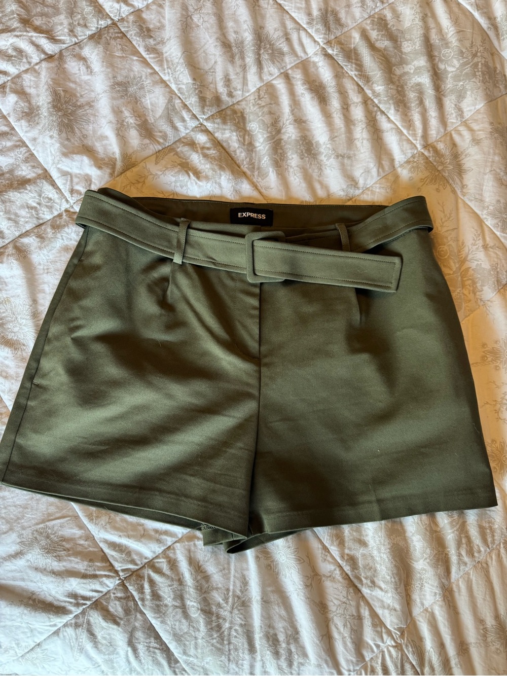 Express Olive Green High-Rise Belted Shorts